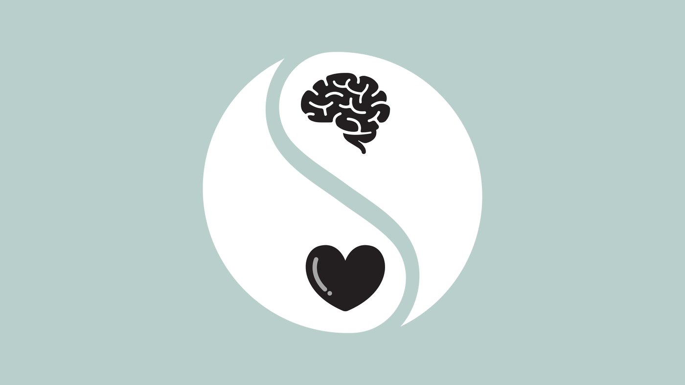 A yin-yang symbol with a brain on one side and a heart on the other, for balancing thinking and feeling